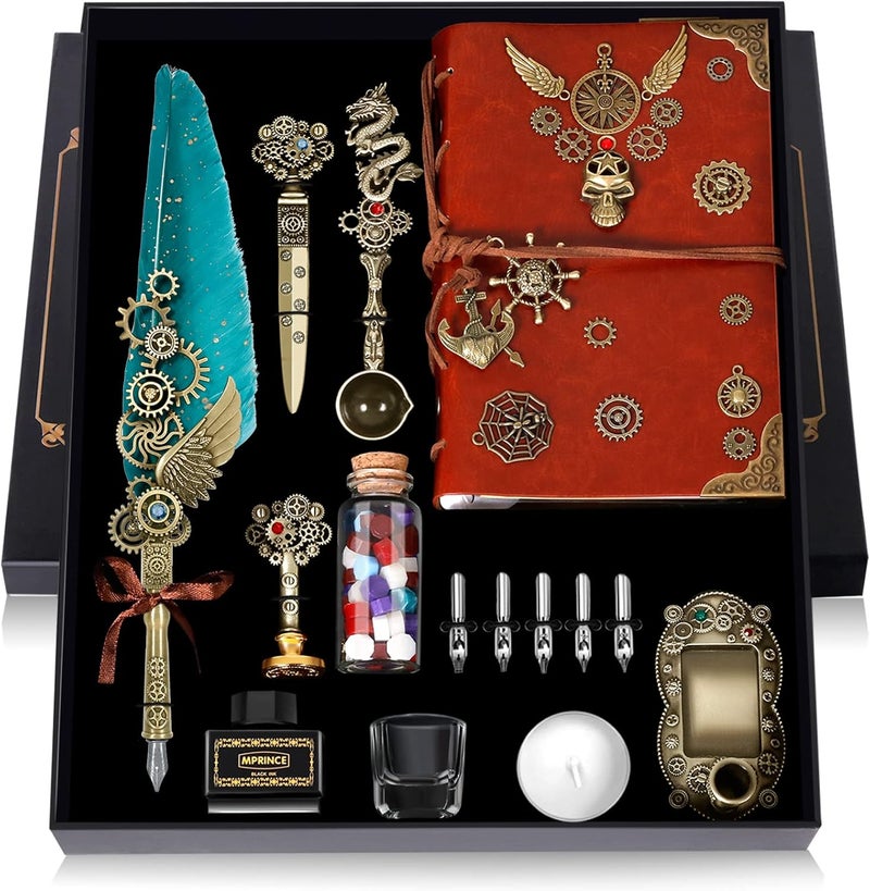 Aifeiter Quill Pen and Ink Set With Quill and 5 Replaceable Nibs,Seal Stamp,Spoon,Wax Beads,White Wax,Pen Holder, Cup,Envelope,Letter Paper,Envelope Tool(green) - Image 1